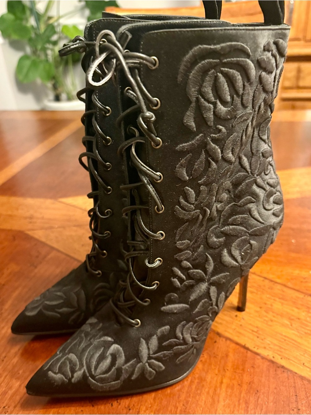 Manolo Blahnik “Putkin” Lace-Up Rose Embroidered Stiletto Booties - Size 35